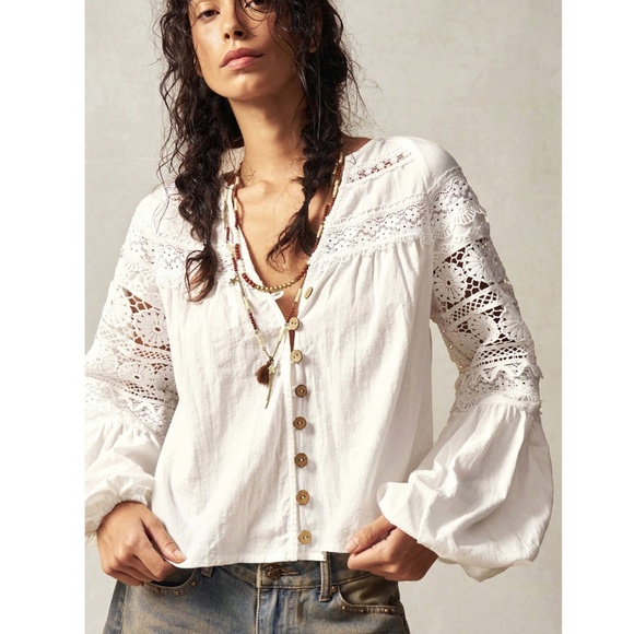 Cotton Bohemian Shirt White Crochet Lace Detailed V-Neck Long Lantern Sleeve - Picture 8 of 12